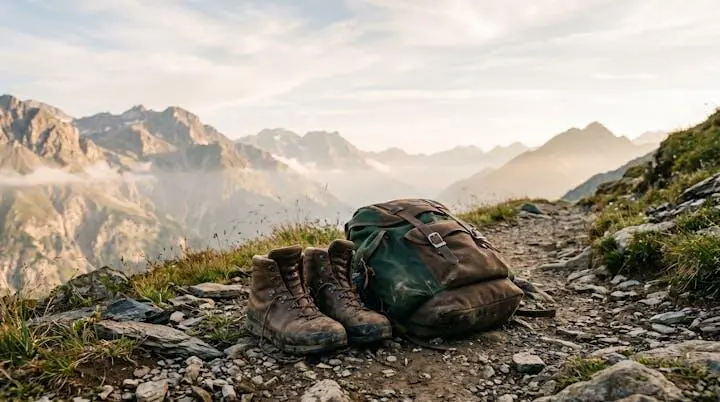 A hiker's worn leather boots and a loaded backpack resting on a rocky mountain trail at dawn, symbolizing the foundation of an adventure gear collection.