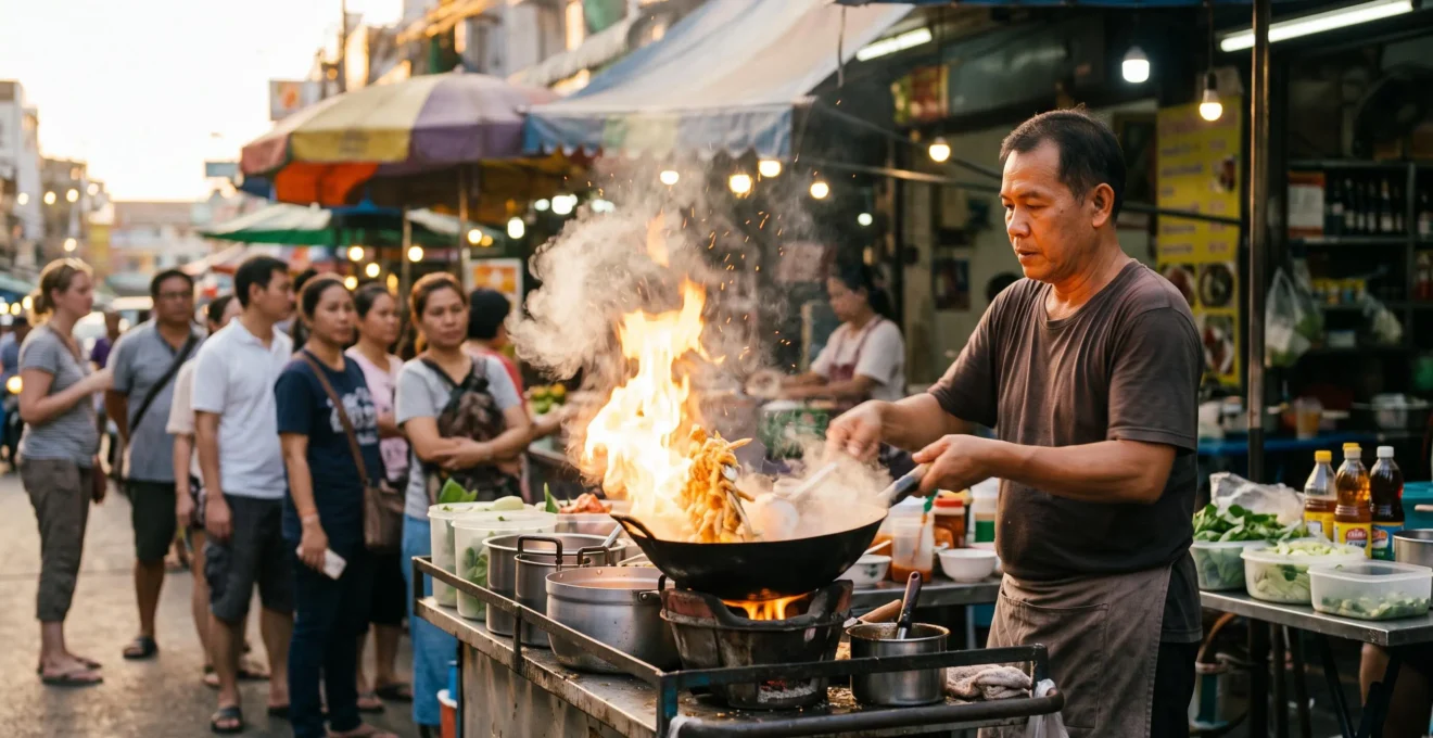 A street food vendor cooking over a flaming wok at a bustling Bangkok street stall at dusk