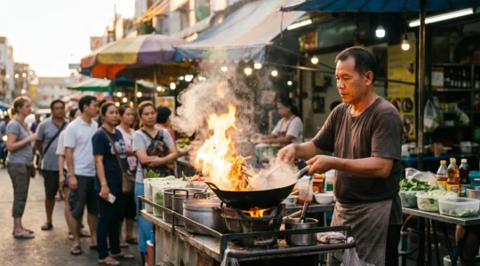 A street food vendor cooking over a flaming wok at a bustling Bangkok street stall at dusk