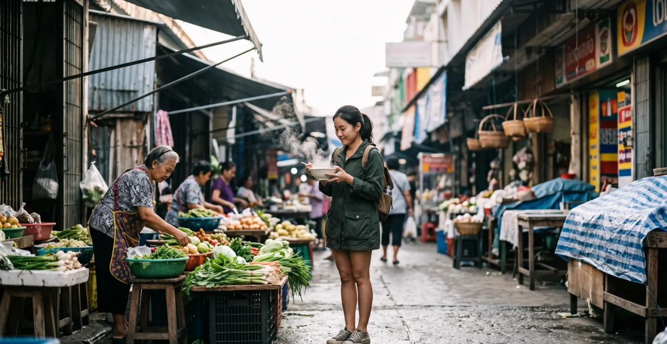 A traveler savoring a bowl of street food at a bustling, authentic local market stall at dawn, away from tourist restaurants