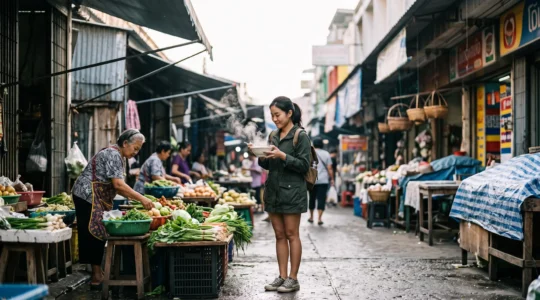 A traveler savoring a bowl of street food at a bustling, authentic local market stall at dawn, away from tourist restaurants