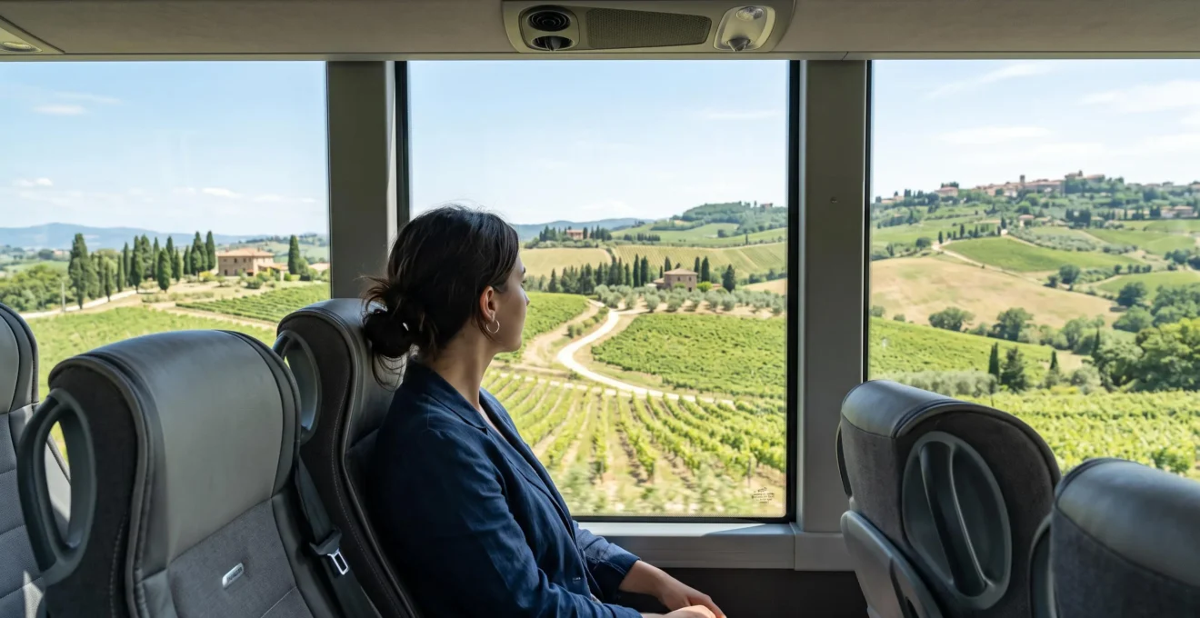 Profile view of a traveler gazing through a large bus window at rolling Tuscan hills dotted with cypress trees under natural daylight