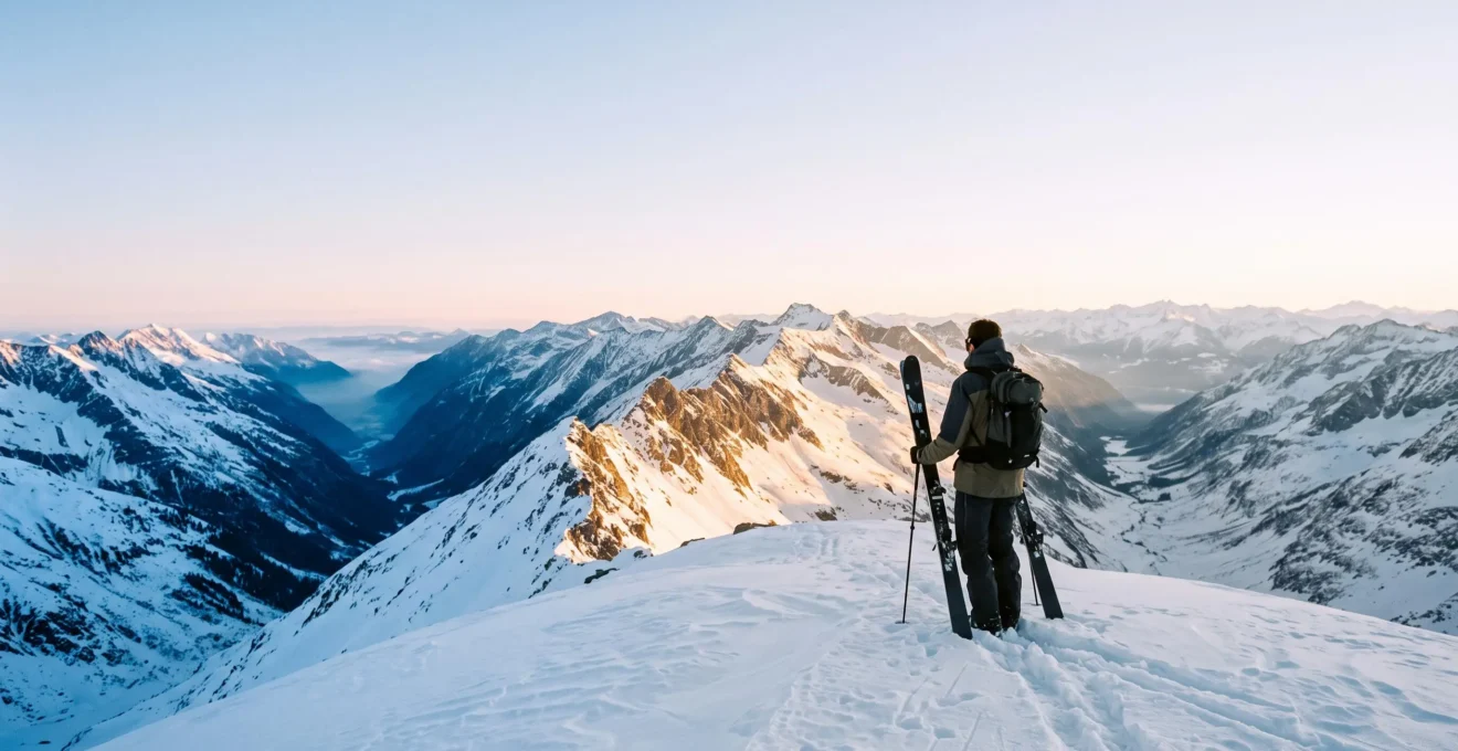 Wide panoramic view of a snow-covered Rocky Mountain ski resort at dawn with three distinct mountain ridgelines suggesting a choice between destinations