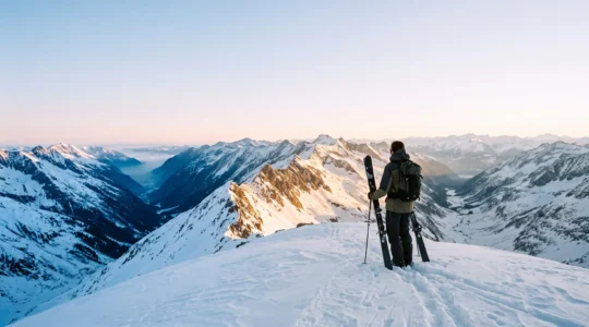 Wide panoramic view of a snow-covered Rocky Mountain ski resort at dawn with three distinct mountain ridgelines suggesting a choice between destinations