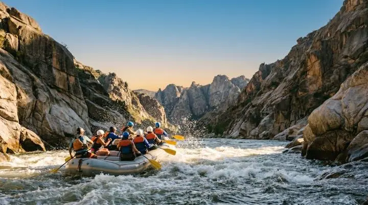 A raft crew paddling together through a foaming rapid, framed by canyon walls, symbolizing the choice of a first whitewater adventure