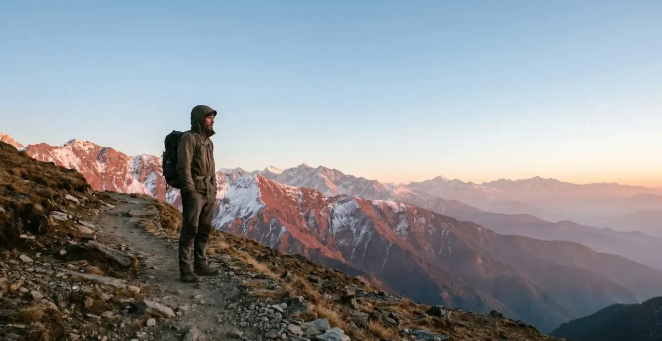 A trekker pausing on a rocky high-altitude trail, looking toward a vast snow-capped mountain range at dawn, symbolizing patient acclimatisation.
