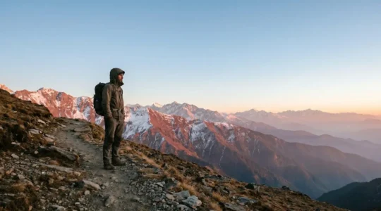 A trekker pausing on a rocky high-altitude trail, looking toward a vast snow-capped mountain range at dawn, symbolizing patient acclimatisation.