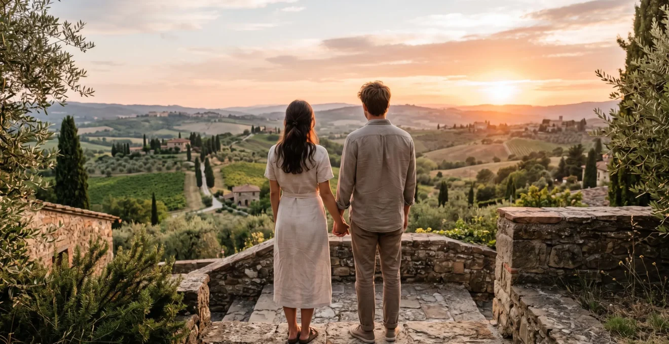 Young couple seen from behind holding hands while gazing at rolling Tuscan hills bathed in golden sunset light