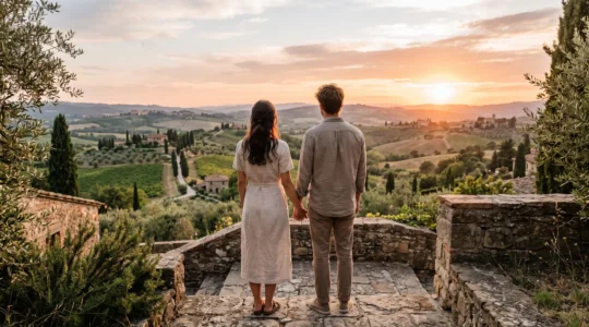 Young couple seen from behind holding hands while gazing at rolling Tuscan hills bathed in golden sunset light