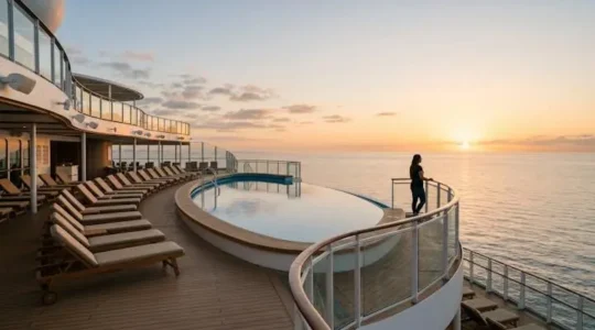 Wide editorial view of a cruise ship sundeck with pool and loungers at golden hour, symbolizing the choice between amenities