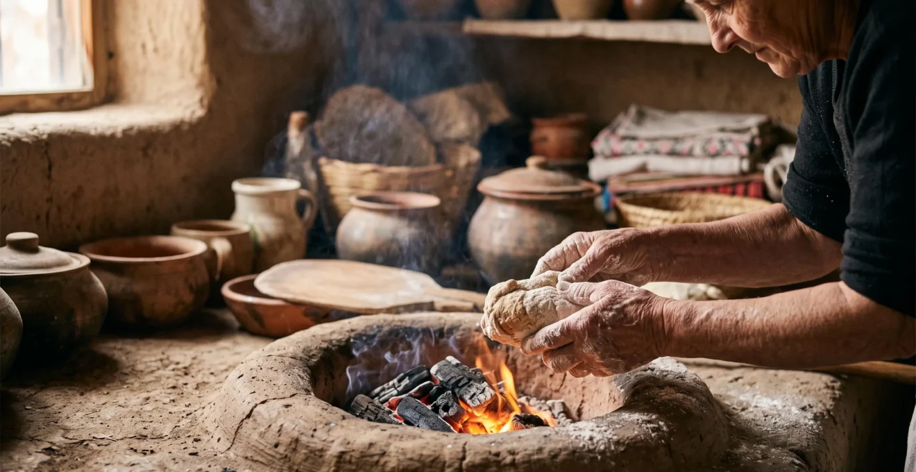 Weathered hands of a local artisan shaping dough over a traditional clay hearth, symbolizing disappearing culinary knowledge