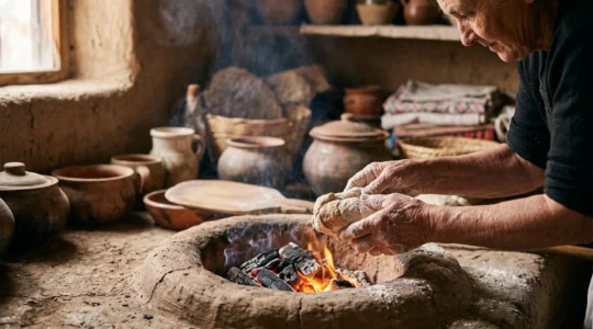Weathered hands of a local artisan shaping dough over a traditional clay hearth, symbolizing disappearing culinary knowledge
