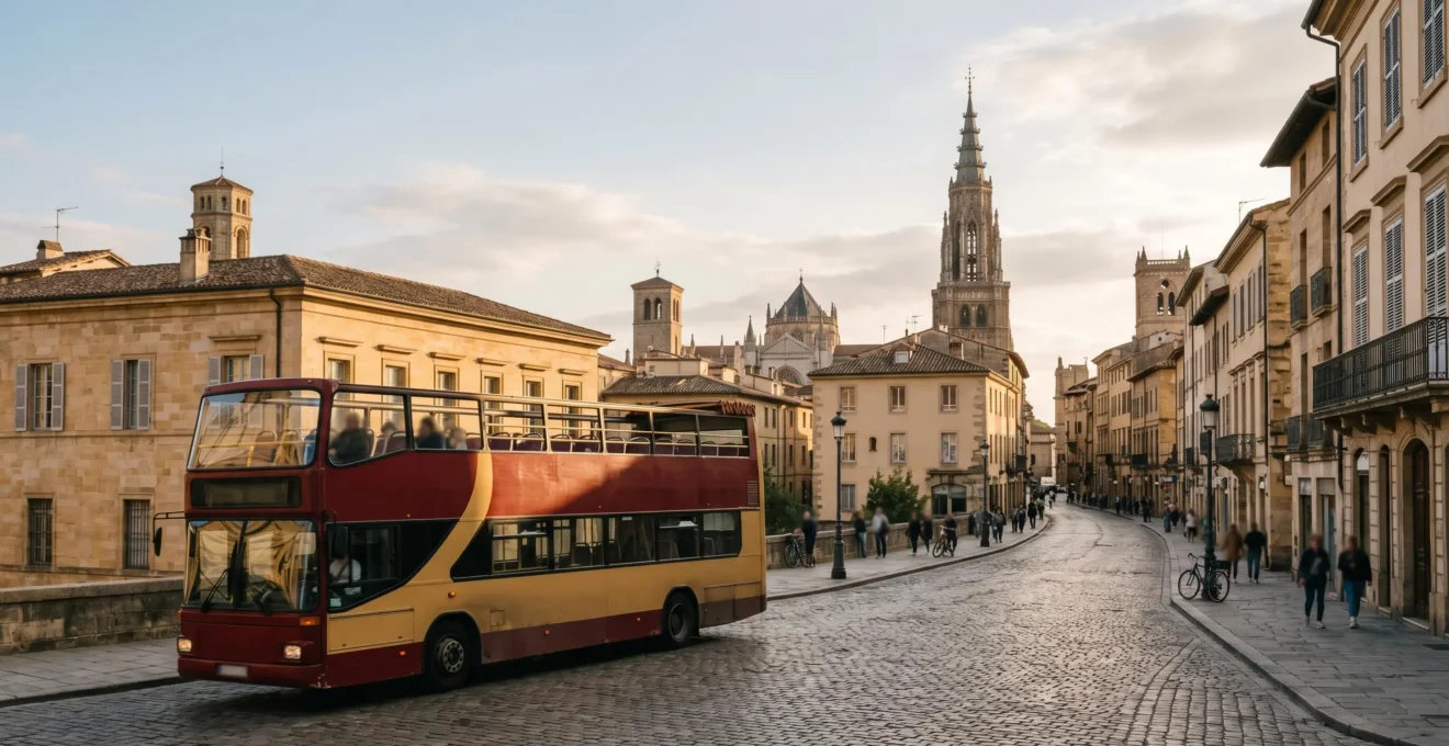 Wide panoramic view of an open-top sightseeing bus traversing a historic European city street with iconic architecture visible in the distance, captured during golden hour with negative space