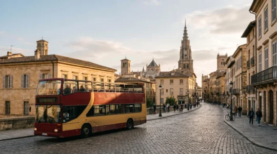 Wide panoramic view of an open-top sightseeing bus traversing a historic European city street with iconic architecture visible in the distance, captured during golden hour with negative space