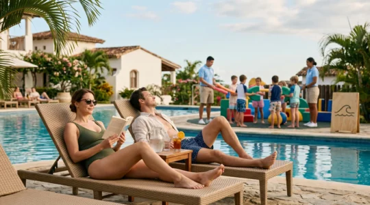 Parents relaxing by resort pool while children engage in supervised activities in the background
