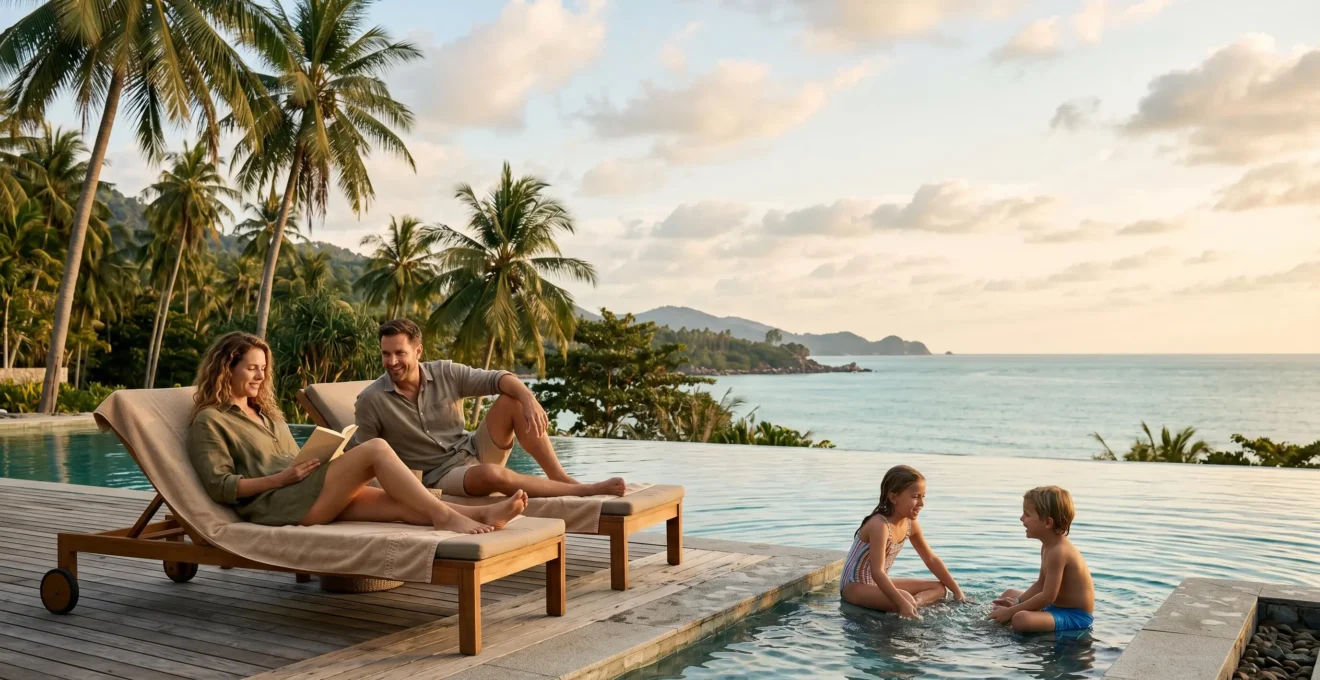 Family of four enjoying carefree vacation at resort poolside with tropical setting at golden hour