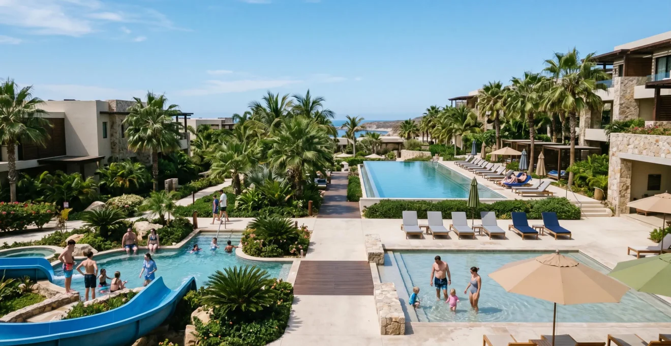 Multi-generational family enjoying diverse pool facilities at a modern resort with separate zones for different age groups