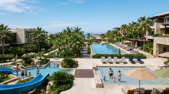 Multi-generational family enjoying diverse pool facilities at a modern resort with separate zones for different age groups