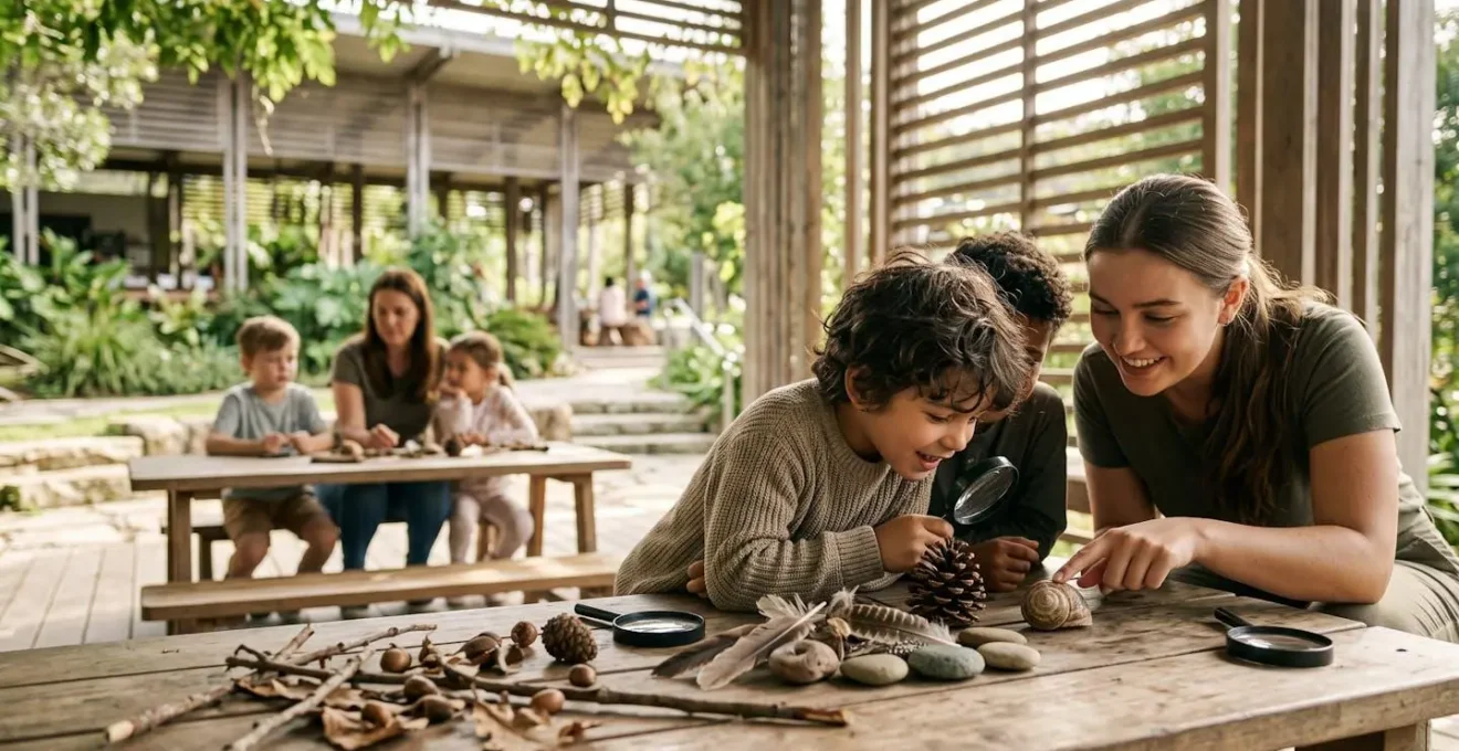 Children engaged in genuine hands-on discovery at a resort activity table, contrasted with a passively supervised group in the background