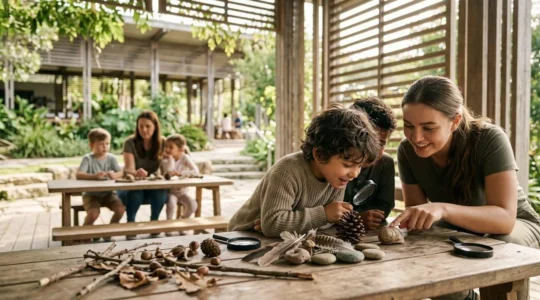 Children engaged in genuine hands-on discovery at a resort activity table, contrasted with a passively supervised group in the background