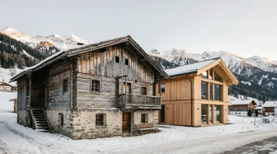 Weathered traditional timber alpine chalet with stone base standing beside a smooth modern glass-and-wood chalet in a snowy mountain village