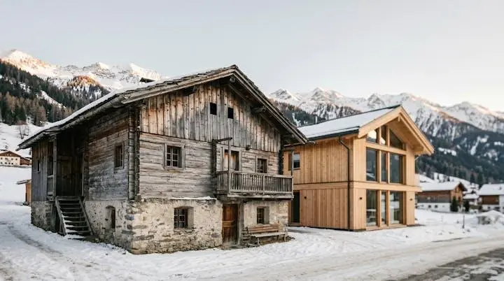 Weathered traditional timber alpine chalet with stone base standing beside a smooth modern glass-and-wood chalet in a snowy mountain village