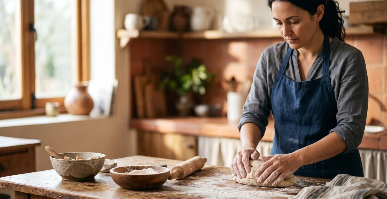 A home cook actively kneading dough at a rustic wooden kitchen counter during a hands-on cooking workshop