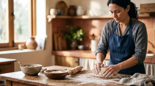 A home cook actively kneading dough at a rustic wooden kitchen counter during a hands-on cooking workshop
