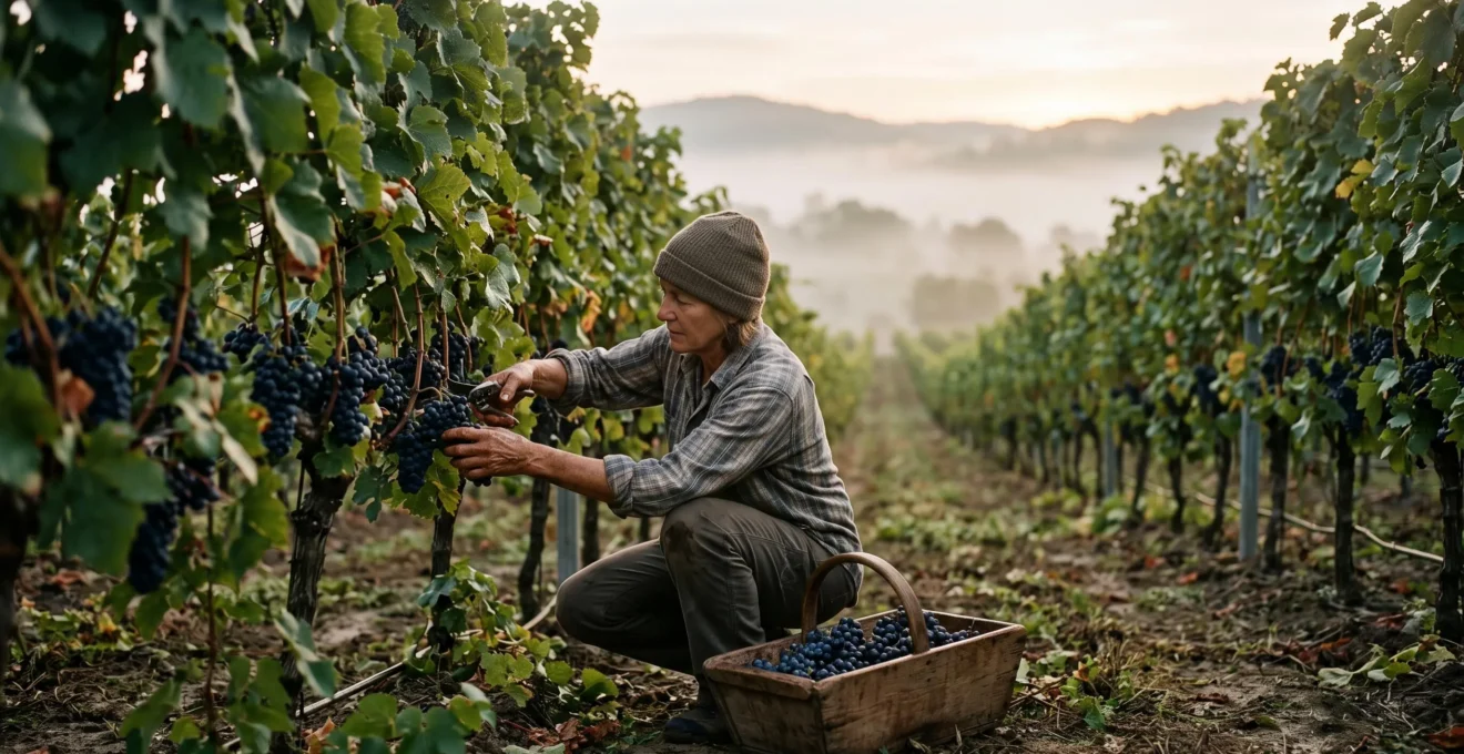 A traveler working hands-on during a real vineyard grape harvest at dawn