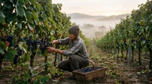 A traveler working hands-on during a real vineyard grape harvest at dawn