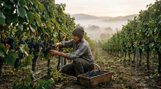 A traveler working hands-on during a real vineyard grape harvest at dawn