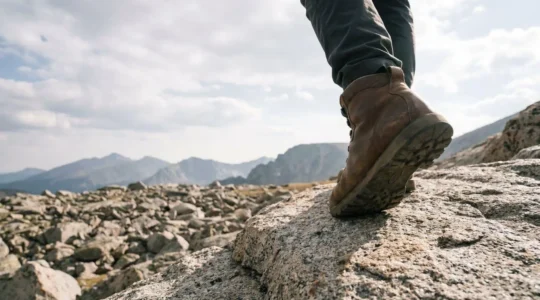 Hiker carefully placing a trekking boot on a jagged rocky ridge during a mountain trek