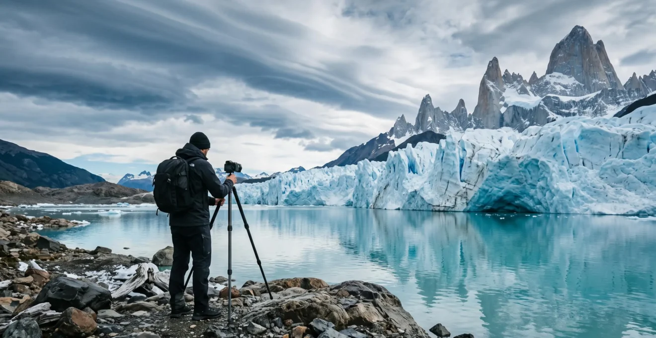 A lone photographer with a tripod facing a massive turquoise glacier under a dramatic Patagonian sky with lenticular clouds