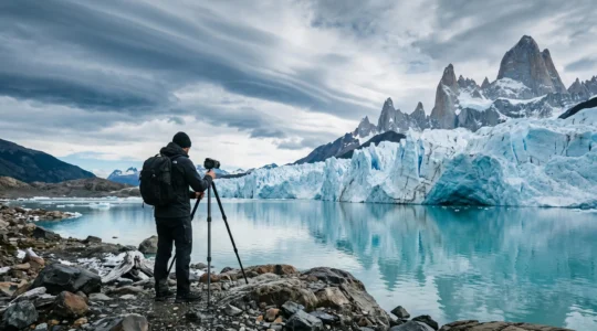 A lone photographer with a tripod facing a massive turquoise glacier under a dramatic Patagonian sky with lenticular clouds