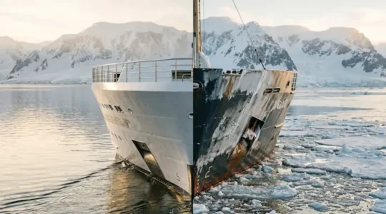 Split composition contrasting a polished luxury expedition ship bow with a rugged ice-hardened adventure vessel bow in polar waters