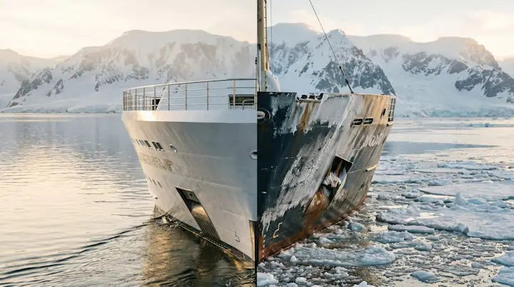 Split composition contrasting a polished luxury expedition ship bow with a rugged ice-hardened adventure vessel bow in polar waters