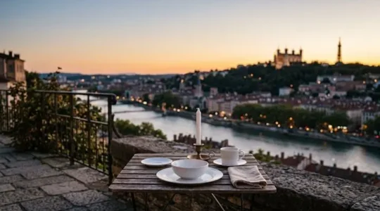 An elegantly set restaurant table with fine porcelain and a single candle, softly blurred silhouette of Lyon's Fourvière hill and rivers in the background at dusk
