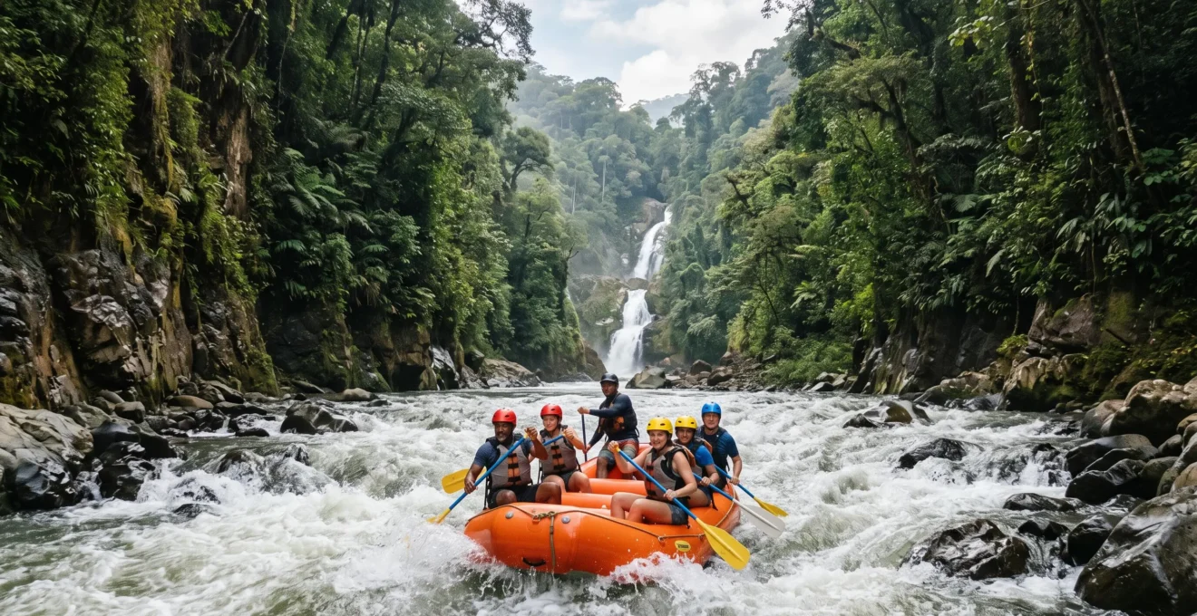 Wide aerial view of a whitewater raft navigating a lush rainforest river gorge in Costa Rica