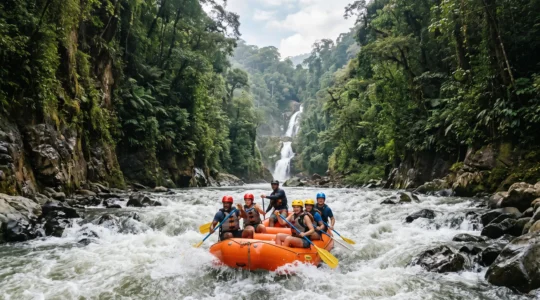 Wide aerial view of a whitewater raft navigating a lush rainforest river gorge in Costa Rica