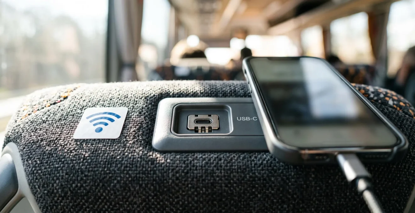 Extreme close-up of contemporary bus seat back showing USB-C charging port in sharp focus, smartphone edge visible with blurred screen, Wi-Fi symbol sticker on upholstery, clean modern textures