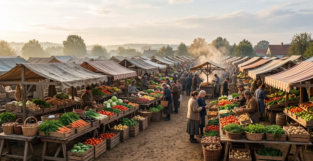 Wide editorial shot of a bustling open-air food market at golden hour, with vendors and shoppers softly blurred among stalls of colorful produce