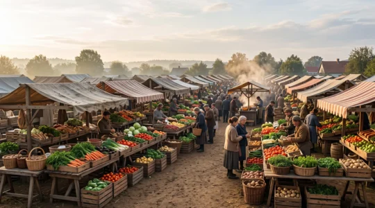 Wide editorial shot of a bustling open-air food market at golden hour, with vendors and shoppers softly blurred among stalls of colorful produce