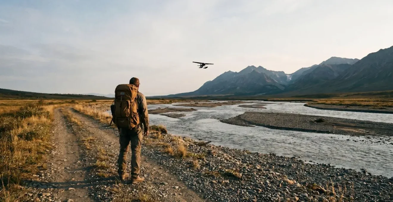 A solitary traveler standing at the symbolic convergence point of a forest trail, a river, and a mountain pass, representing a multi-stage journey to a remote destination.