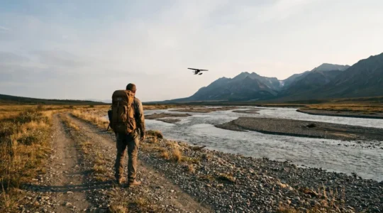 A solitary traveler standing at the symbolic convergence point of a forest trail, a river, and a mountain pass, representing a multi-stage journey to a remote destination.