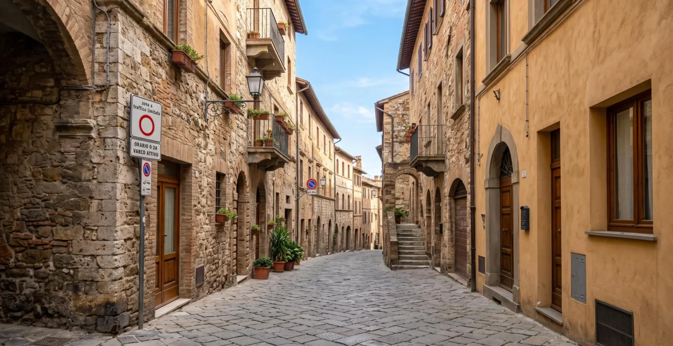 Narrow medieval cobblestone street in Siena with historic stone buildings and restricted traffic zone signage partially visible