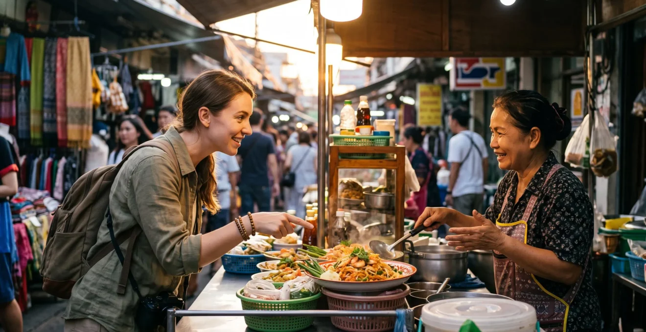 Traveler pointing to a plate of steaming regional street food while smiling at a local cook, symbolizing communication beyond language