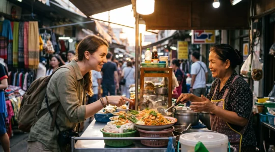Traveler pointing to a plate of steaming regional street food while smiling at a local cook, symbolizing communication beyond language