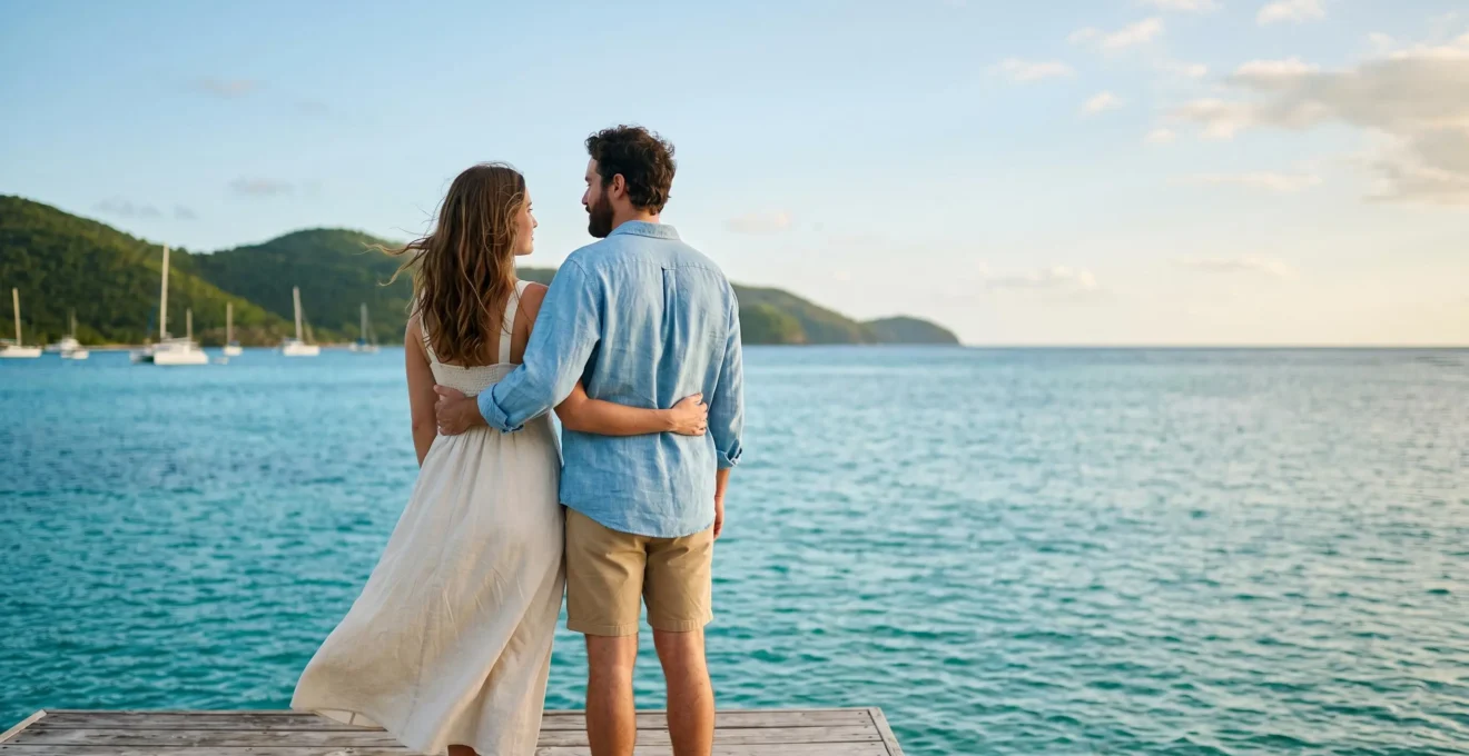 Intimate couple moment overlooking pristine Caribbean beach waters
