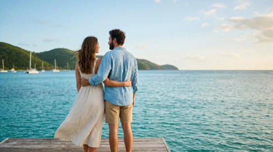 Intimate couple moment overlooking pristine Caribbean beach waters
