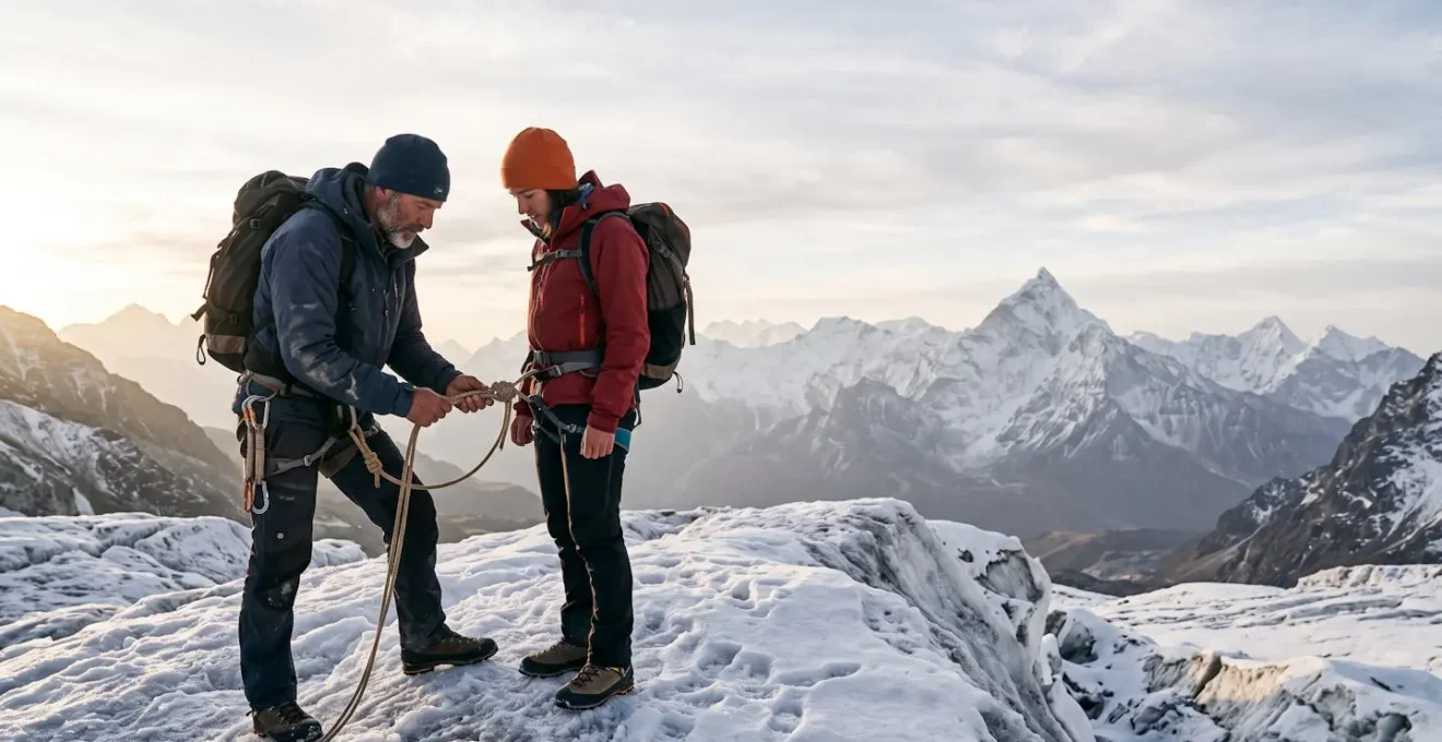Professional certified mountain guide securing a safety rope for a trekker on a glacier at sunrise, symbolizing expertise and trust in high-altitude adventure travel